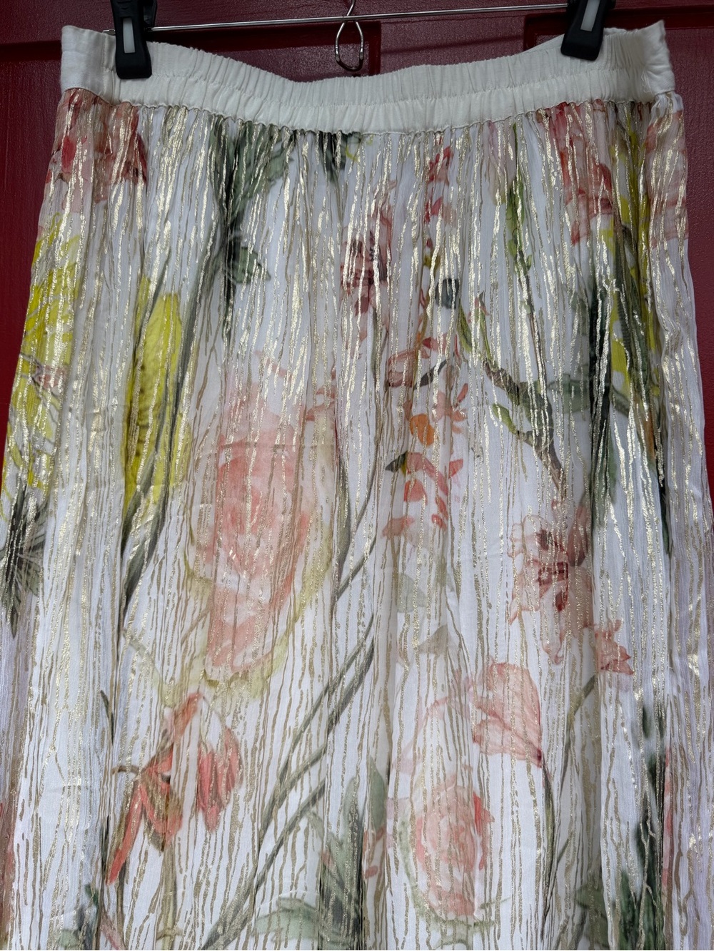 Blank London Sheer Skirt, Gold Stripe Over Floral, Bohemian Style, lined